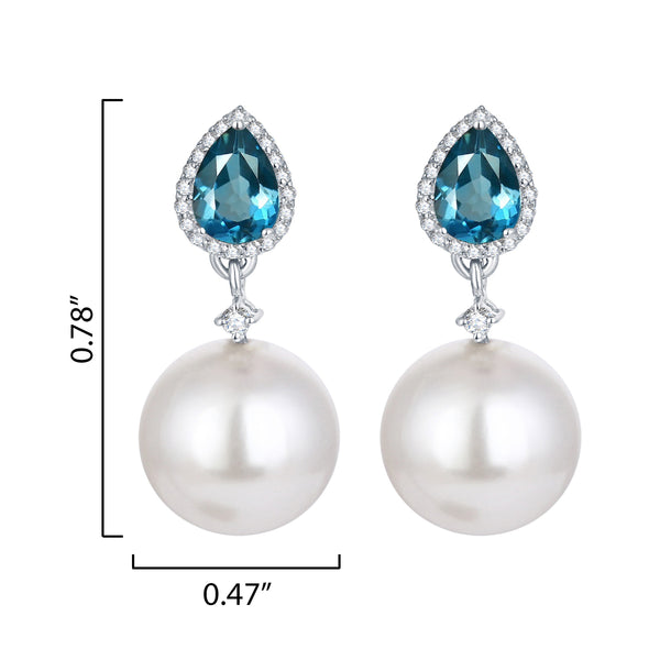 V3 Jewelry Shell Pearl, Natural London Blue Topaz & Sterling Silver Drop Earrings