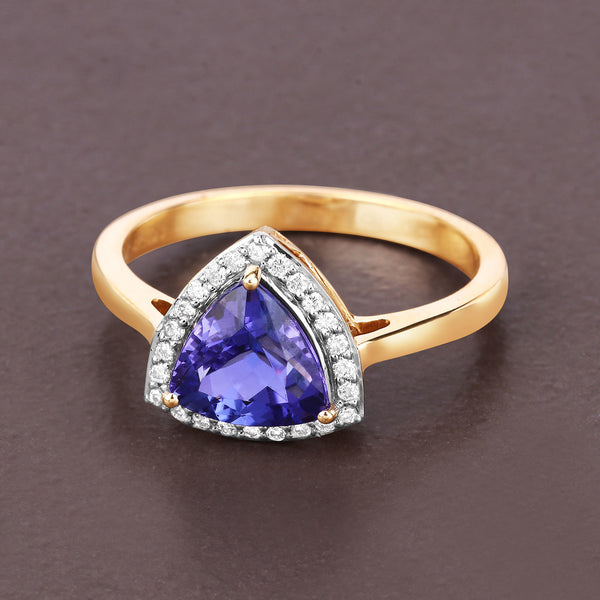 1.61 Carat Genuine Tanzanite and White Diamond 14K Yellow Gold Ring