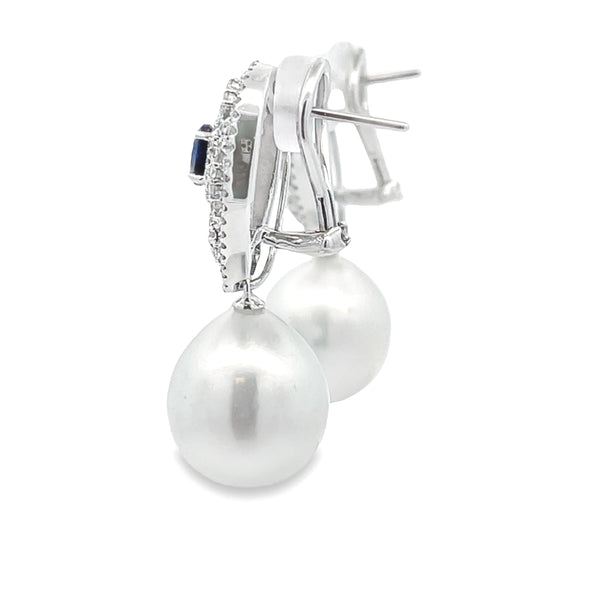 South Sea Pearl Diamond Dangle Earrings 18KT White Gold