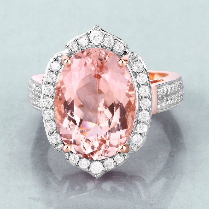 8.07 Carat Genuine Morganite and White Diamond 14K Rose Gold Ring