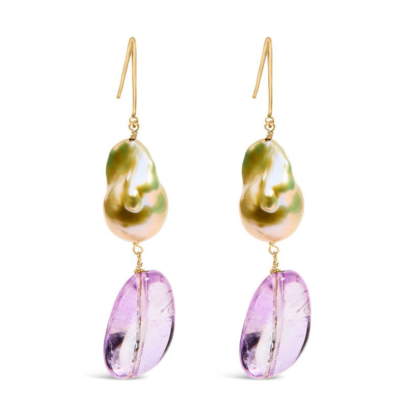 14K Yellow Gold Amethyst and Baroque Pearl Drop and Dangle Earrings 2" Inch Dangle Length