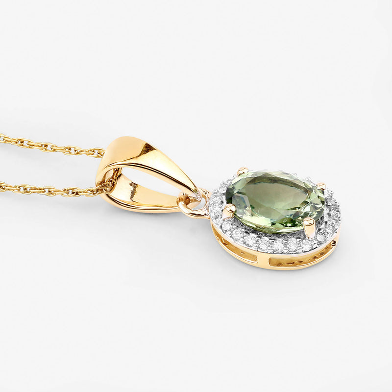 1.27 Carat Genuine Green Tourmaline and White Diamond 14K Yellow Gold Pendant