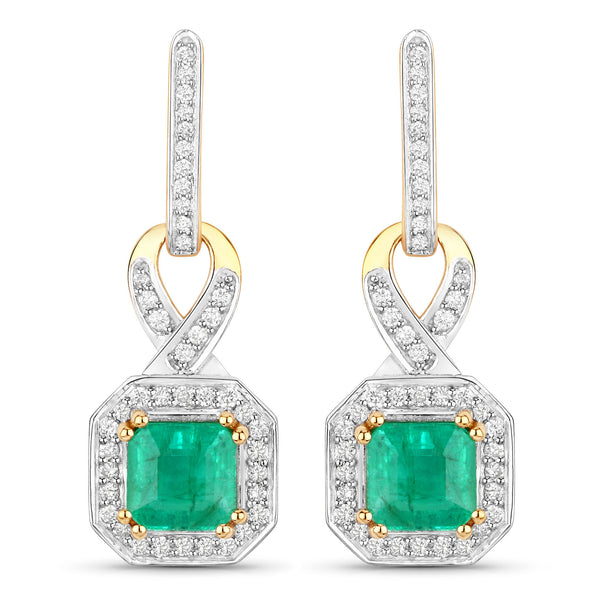 2.83 Carat Genuine Emerald and White Diamond 14K Yellow Gold Earrings