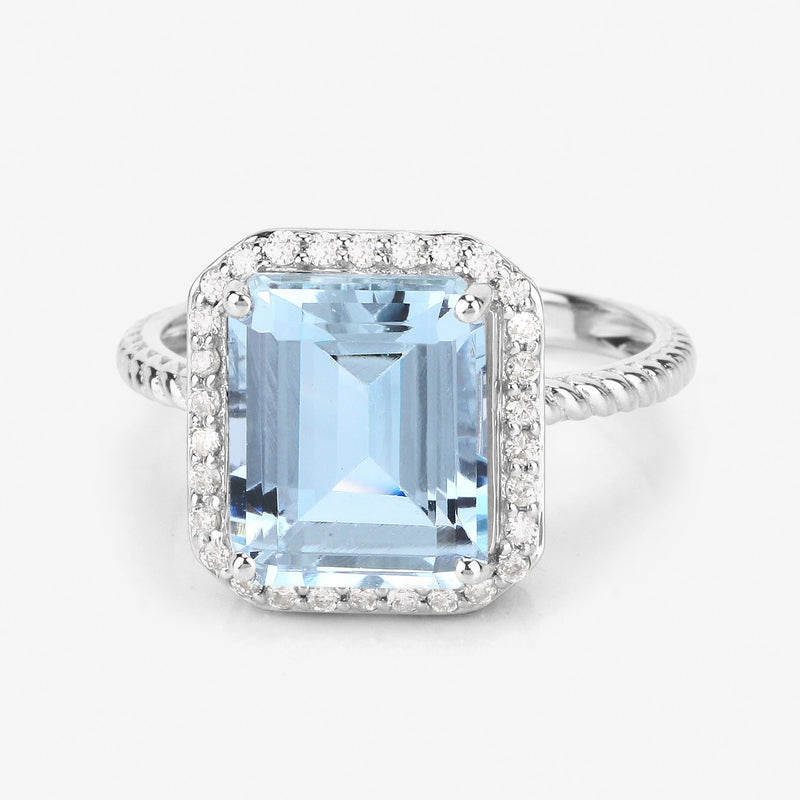 4.13 Carat Genuine Aquamarine and White Diamond 14K White Gold Ring