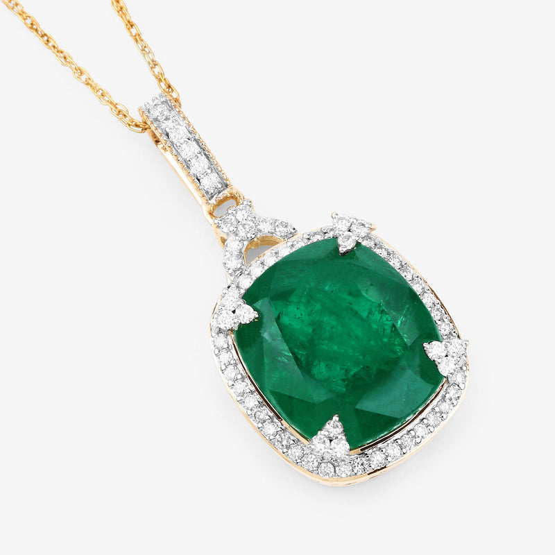 IGI Certified 8.95 Carat Genuine Zambian Emerald and White Diamond 14K Yellow Gold Pendant