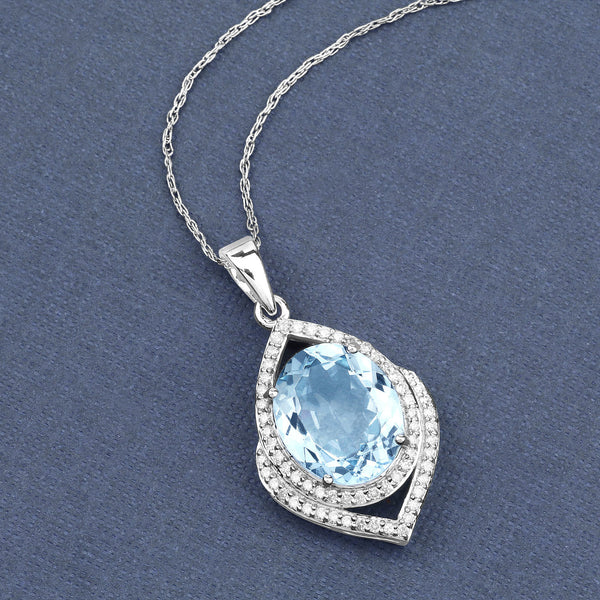 3.82 Carat Genuine Aquamarine and White Diamond 14K White Gold Pendant