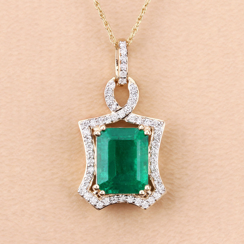 IGI Certified 3.38 Carat Genuine Zambian Emerald and White Diamond 14K Yellow Gold Pendant