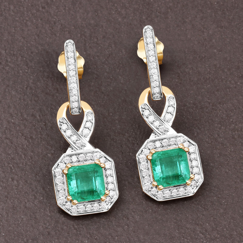 2.83 Carat Genuine Emerald and White Diamond 14K Yellow Gold Earrings