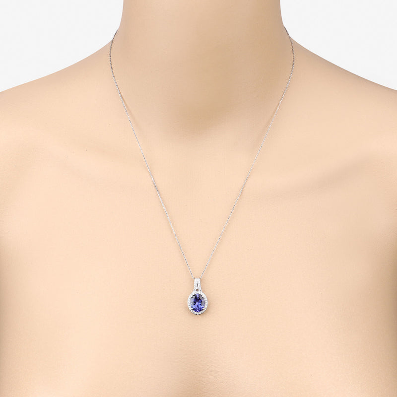 3.17 Carat Genuine Tanzanite and White Diamond 14K White Gold Pendant