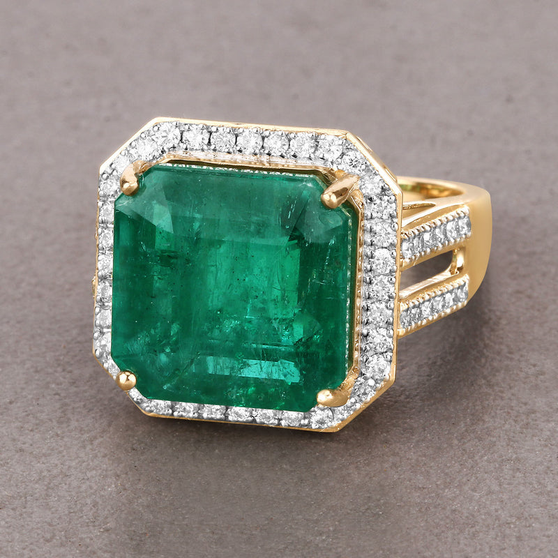 IGI Certified 13.06 Carat Genuine Zambian Emerald and White Diamond 14K Yellow Gold Ring