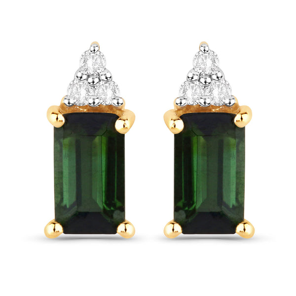 0.59 Carat Genuine Green Tourmaline and White Diamond 14K Yellow Gold Earrings