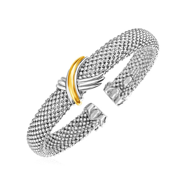 Popcorn Texture Cuff Bangle with X Motif in Sterling Silver and 18k Yellow Gold