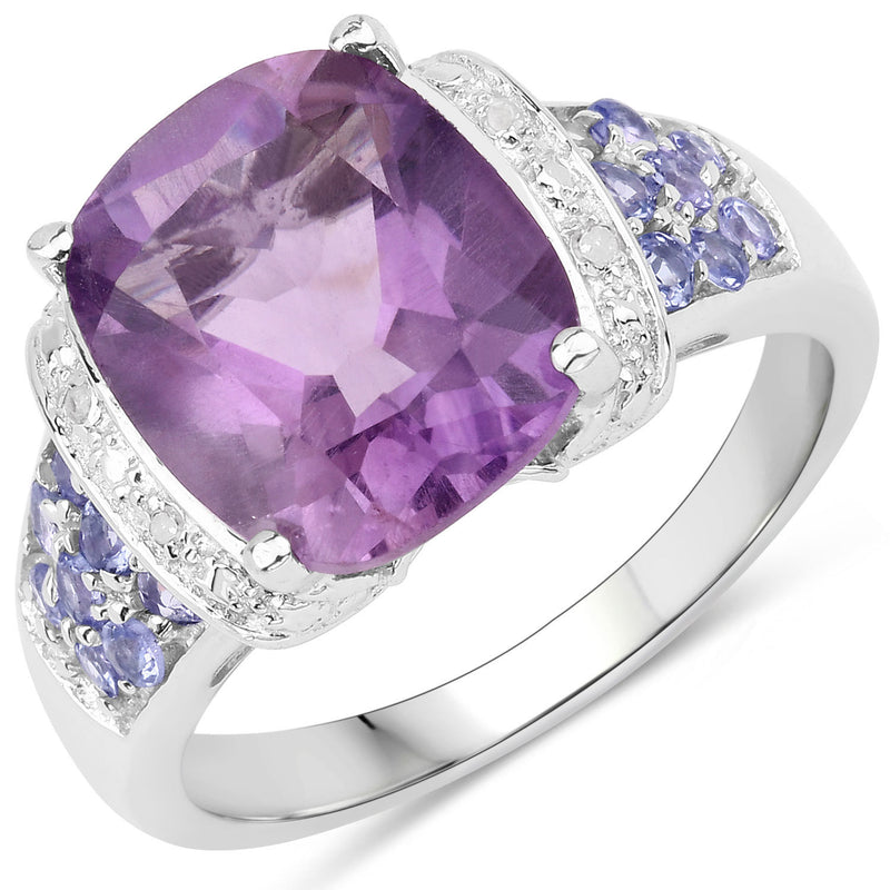 "4.66 Carat Genuine Amethyst, Tanzanite and White Diamond .925 Sterling Silver Ring