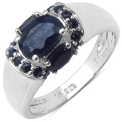 1.86 Carat Genuine Black Sapphire and Blue Sapphire .925 Sterling Silver Ring