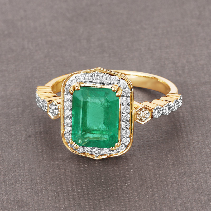 IGI Certified 2.41 Carat Genuine Zambian Emerald and White Diamond 14K Yellow Gold Ring