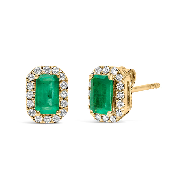 10K Yellow Gold 5x3mm Emerald-Cut Green Emerald and 1/7 Cttw Diamond Halo Octagonal Stud Earrings (I-J Color, I1-I2 Clarity)