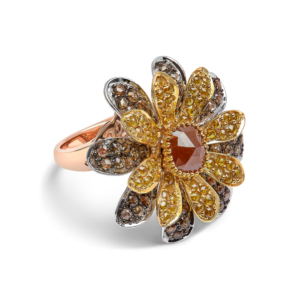 14K Tri-Toned 3 7/8 Cttw Rose Cut Diamond Cocktail Double Flower and Petal Cocktail Ring (Fancy Color, I1-I2 Clarity) - Size 7