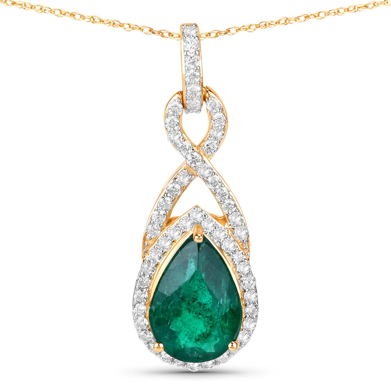 IGI Certified 1.75 Carat Genuine Zambian Emerald and White Diamond 14K Yellow Gold Pendant