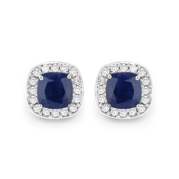 3.61 Carat Genuine Blue Sapphire and White Diamond 14K White Gold Earrings