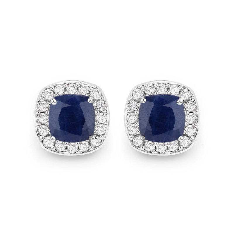 3.61 Carat Genuine Blue Sapphire and White Diamond 14K White Gold Earrings