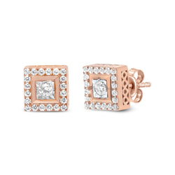 14K Rose Gold Plated .925 Sterling Silver 1/2 Cttw Diamond Halo Square-Shaped Frame Stud Earring (I-J Color, I3 Clarity)