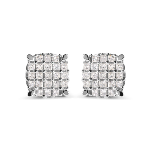 10K White Gold 3/4 Cttw Princess Diamond Composite Cushion Shape Stud Earrings (I-J Color, I1-I2 Clarity)