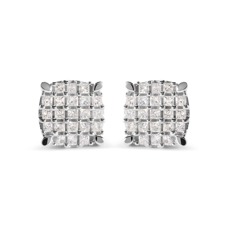 10K White Gold 3/4 Cttw Princess Diamond Composite Cushion Shape Stud Earrings (I-J Color, I1-I2 Clarity)