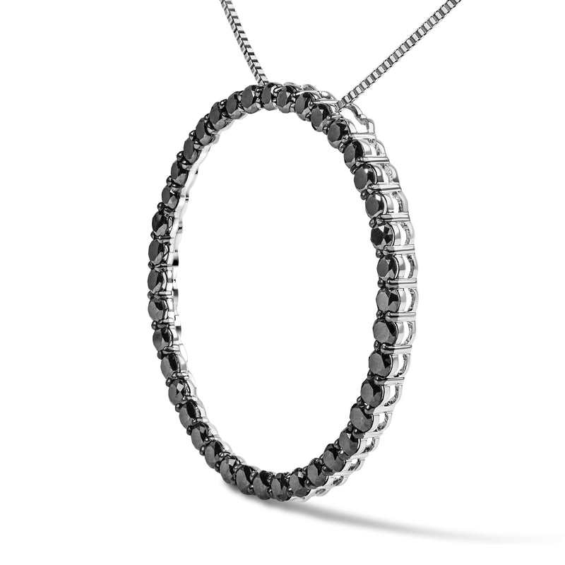 .925 Sterling Silver 2.0 Cttw Black Diamond Open Hoop Circle 18" Pendant Necklace (Black Color, I2-I3 Clarity)