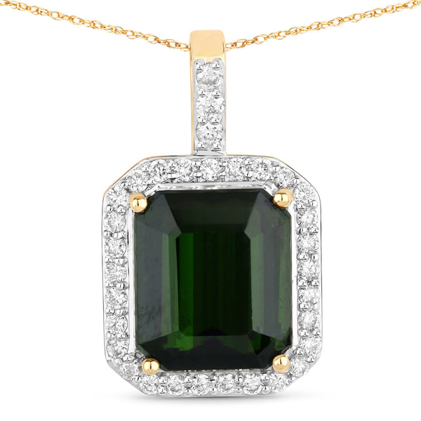 4.36 Carat Genuine Green Tourmaline and White Diamond 14K Yellow Gold Pendant