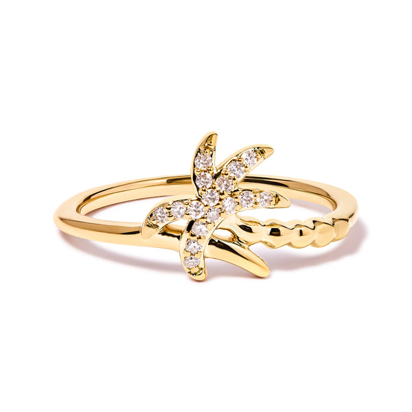 10K Yellow Gold 1/10 Cttw Diamond  Palm Tree Statement Ring (H-I Color, I1-I2 Clarity) - Ring Size 7