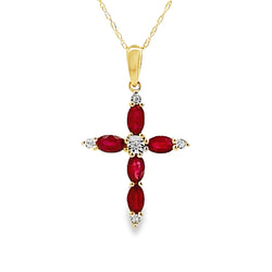 Ruby Diamond Cross Religious Pendant 10KT Yellow Gold