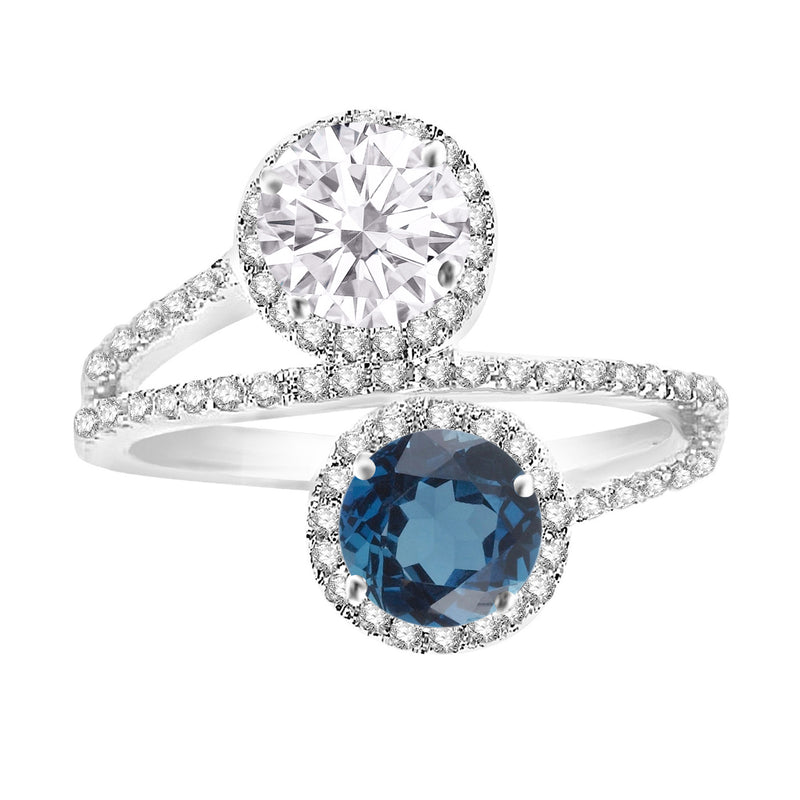 V3 Jewelry London Blue Topaz & Moissanite Double Round-Cut Halo Ring