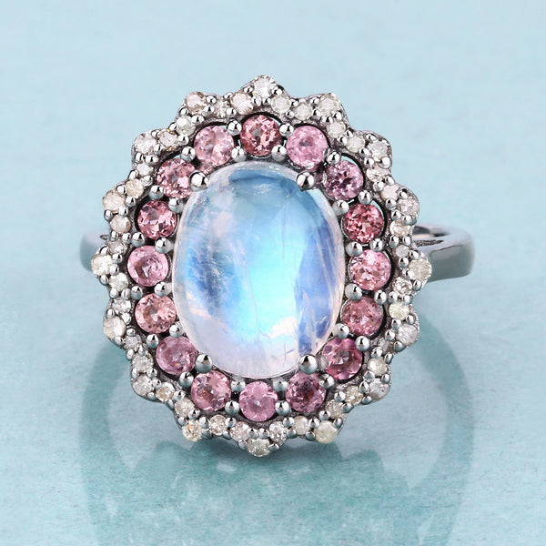 5.50 Carat Genuine Pink Tourmaline, Rainbow and White Diamond .925 Sterling Silver Ring