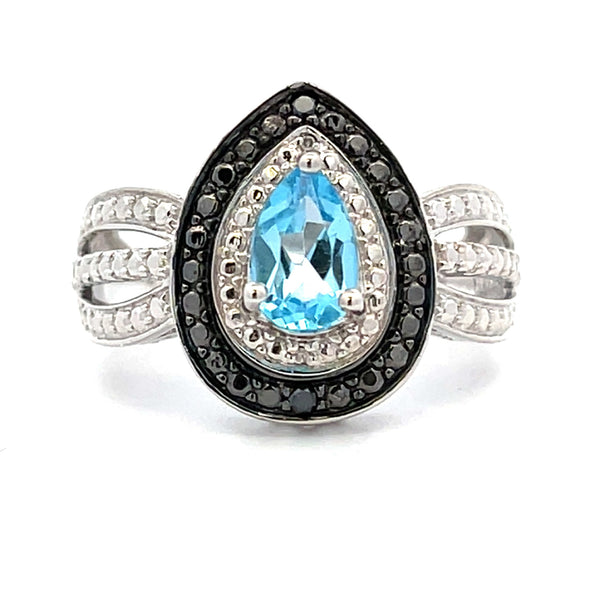 .01ct Blue Topaz Black Diamond Ring Sterling Silver