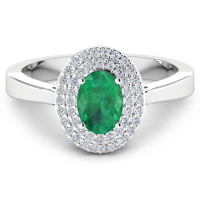 0.88 Carat Genuine Zambian Emerald and White Diamond 14K White Gold Ring