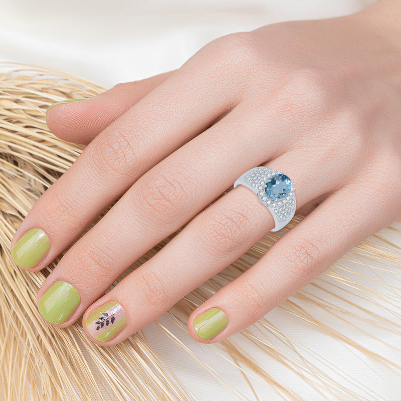 V3 Jewelry 3.50 CT Natural Aquamarine & White Topaz Pavé Halo Ring