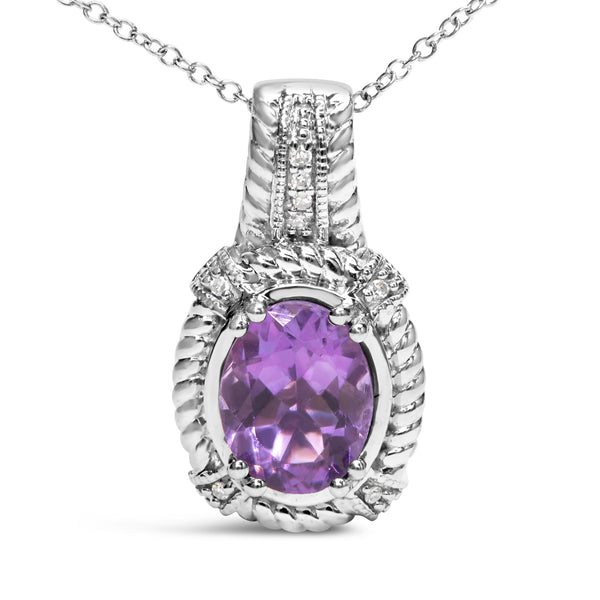 .925 Sterling Silver 9x7mm Oval Purple Amethyst and Round Diamond Accent Fashion Drop Pendant 18 Inch Necklace (I-J Color, I1-I2 Clarity)