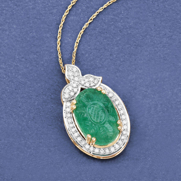 7.08 Carat Genuine Colombian Emerald and White Diamond 14K Yellow Gold Pendant