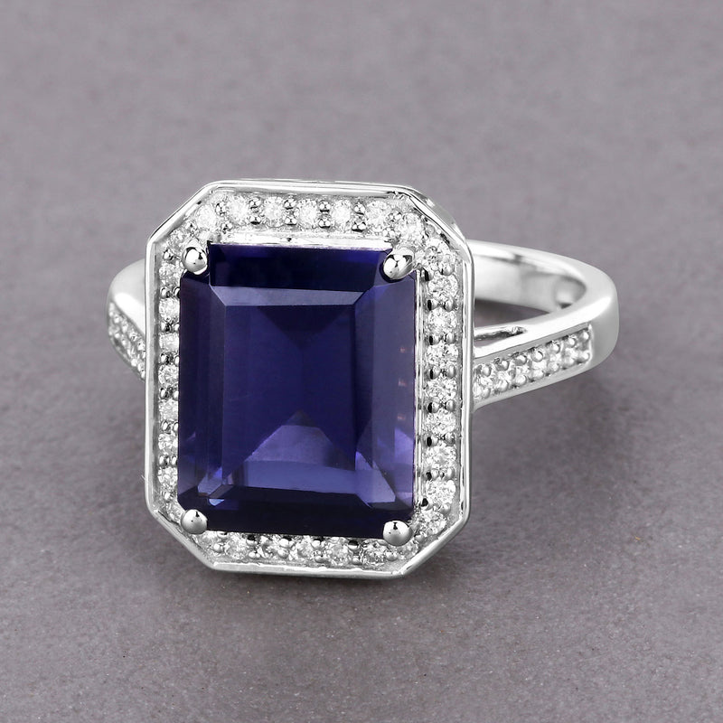 3.70 Carat Genuine Iolite and White Diamond 14K White Gold Ring