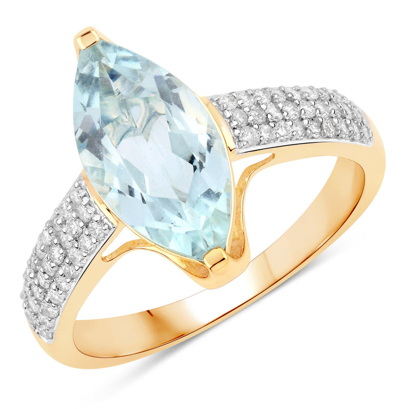 2.09 Carat Genuine Aquamarine and White Diamond 14K Yellow Gold Ring