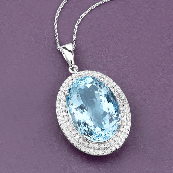 16.11 Carat Genuine Aquamarine and White Diamond 14K White Gold Pendant