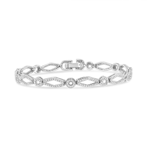 .925 Sterling Silver 1 1/2 Cttw Diamond Studded Alternating Circle and Kite-Shaped Vintage-Style Link Bracelet (I-J Color, I2-I3 Clarity) 7 Inch