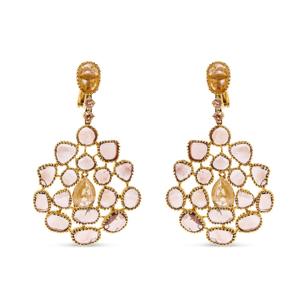 14K Yellow Gold 11 1/5 Cttw Rose Cut and Sliced Diamond Chandelier Style Dangle Earrings (Fancy Color, I2-I3 Clarity)