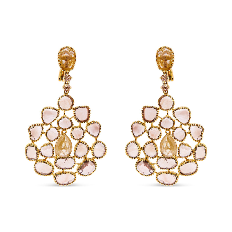 14K Yellow Gold 11 1/5 Cttw Rose Cut and Sliced Diamond Chandelier Style Dangle Earrings (Fancy Color, I2-I3 Clarity)