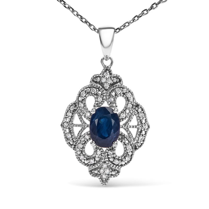 .925 Sterling Silver 7x5 MM Oval Blue Sapphire and Diamond Accent Art Deco Style Shield Shaped 18" Pendant Necklace (I-J Color, I3 Clarity)