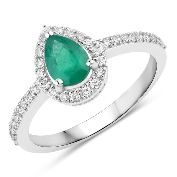 0.88 Carat Genuine Zambian Emerald and White Diamond 14K White Gold Ring