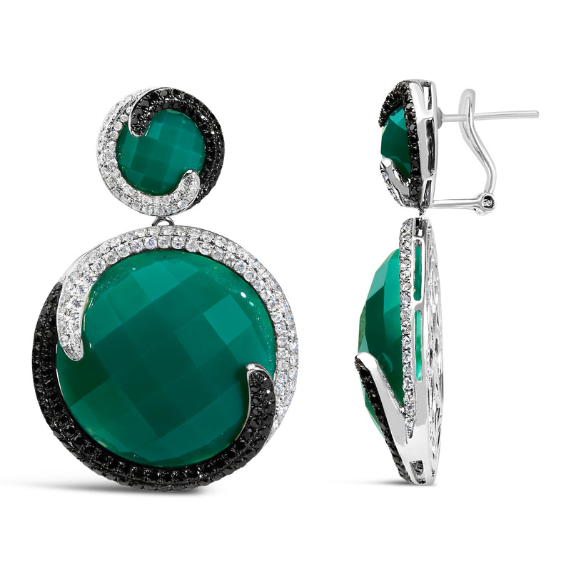 14K White Gold 2.0 Cttw White and Black Diamond and Green Agate Double Medallion Disc Drop and Dangle Earrings (H-I Color, I2-I3 Clarity)