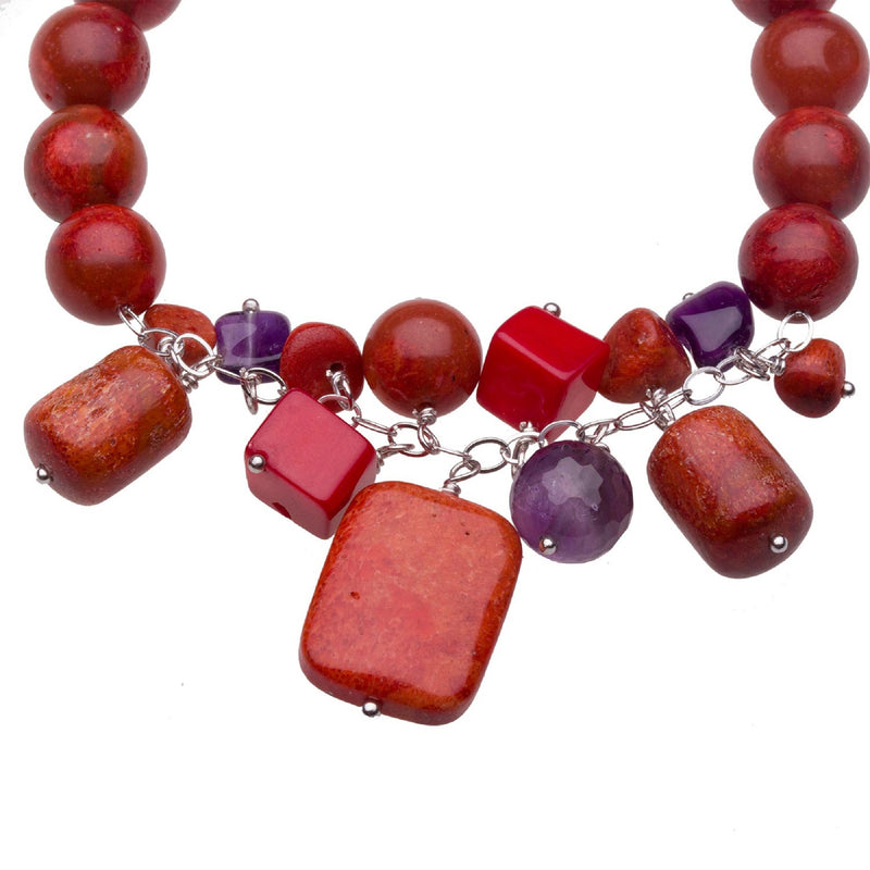 Sterling Silver 10MM Red Coral & Amethyst Bead Stretch Bracelet