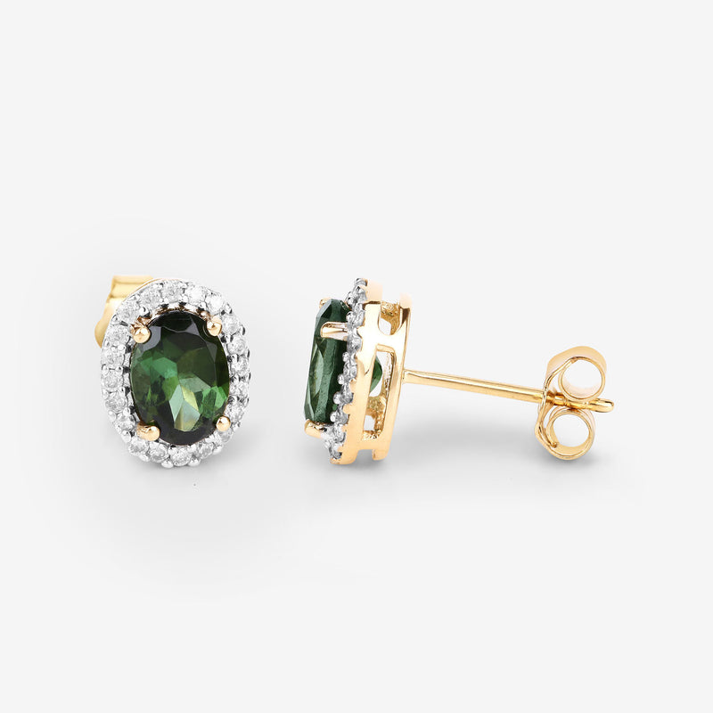 1.92 Carat Genuine Green Tourmaline and White Diamond 14K Yellow Gold Earrings