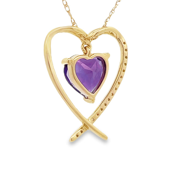 Amethyst Diamond Heart Love Pendant 14KT Yellow Gold